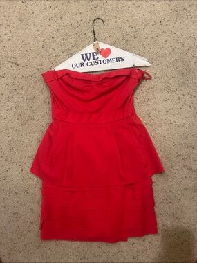 BCBG Coral Strapless Tiered Peplum Dress with Pockets